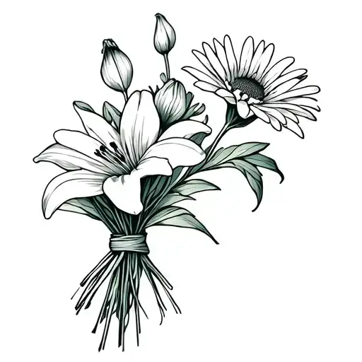 A Bouquet With A Lily Flower And A Sweet Pea And An Aster Tied With A Very Fine And Minimalist Knot