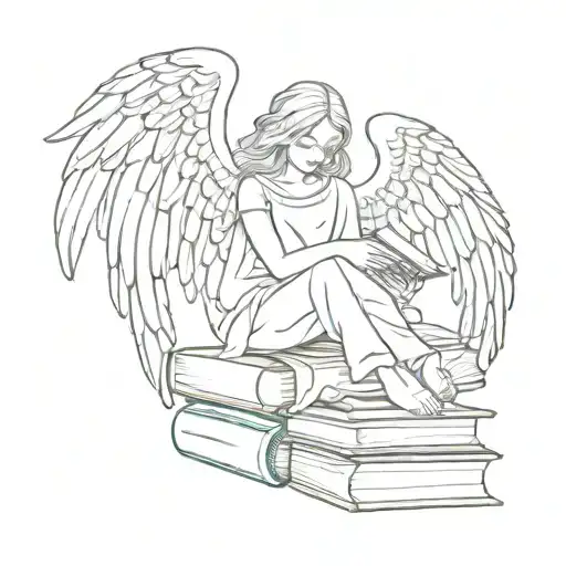 Fine Line Tattoo Of An Angel Peacefully Resting On Small Stack Of Books Make It Minimalistic