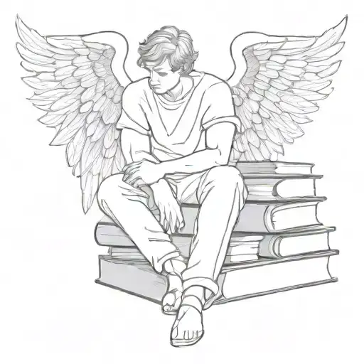 Fine Line Tattoo Of A Male Angel Peacefully Resting On Small Stack Of Books Make It Minimalistic