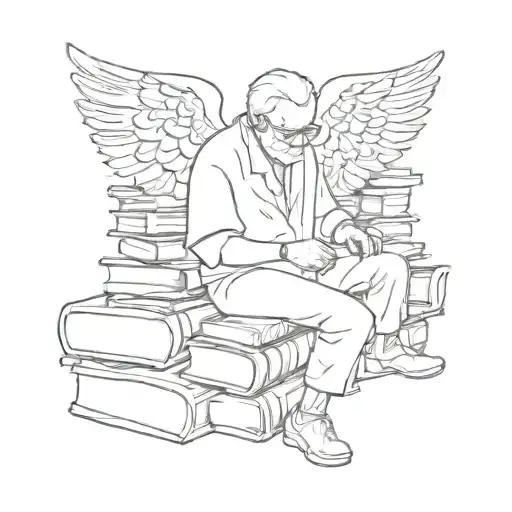 Fine Line Tattoo Of A Grandpa Angel Peacefully Resting On Small Stack Of Books Make It Minimalistic