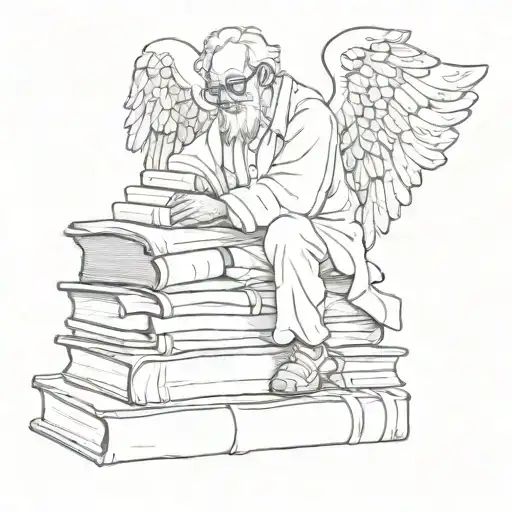 Fine Line Tattoo Of A Grandpa Angel Peacefully Resting On Small Stack Of Books Make It Minimalistic
