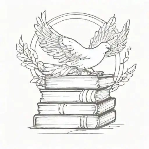 Fine Line Tattoo Of A Dove With An Angel Halo Sleeping On Small Stack Of Books Make It Minimalistic