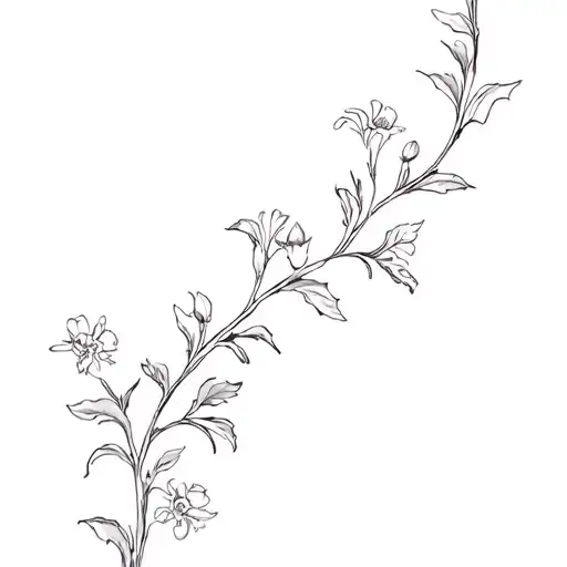 Fine Line Black And White Olive Vine With Small Dainty Sweet Pea Flowers Scattered Throughout