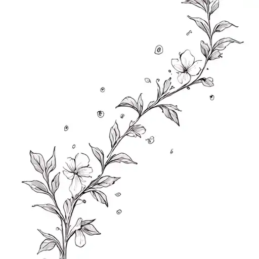 Fine Line Black And White Olive Vine With Small Dainty Sweet Pea Flowers Scattered Throughout