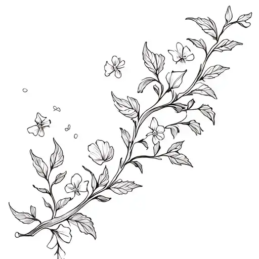 Fine Line Black And White Olive Vine With Small Dainty Sweet Pea Flowers Scattered Throughout