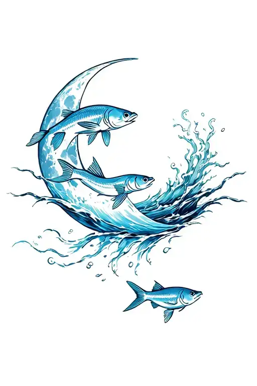 Moon And Fish Swimming Upstream