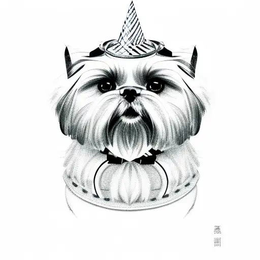 Shih Tzu Portrait With Two Front Paws With A Dog Collar And A Party Hat
