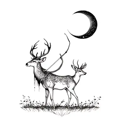 Artemis With Her Bow And The Inspiring Deer With Moon
