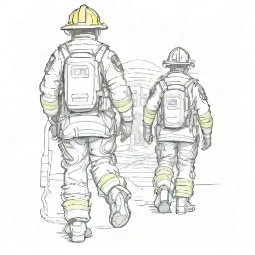 European Police Officer Og Kid Firefighter Walking Hand Inn Hand Seen From Behind