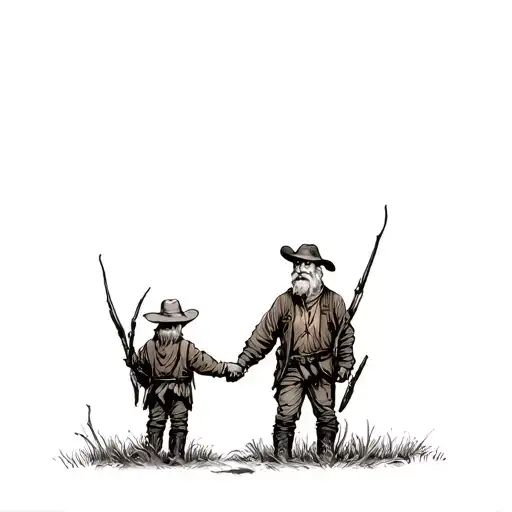 Grandpa And Grandson Hunting Holding Hands Holding