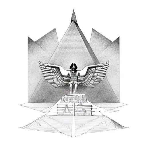 Half Egyptian And Half Aztec Winged Sphinx In Front Of Pyramids