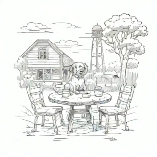 A Farm With A Round Table In Front And A Dog