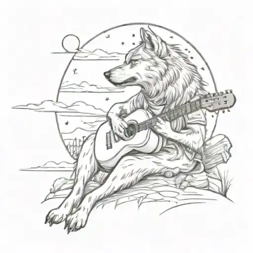 A Wolf Howling At A Full Moon While Playing A Guitar In A Serene Italian Countryside Setting