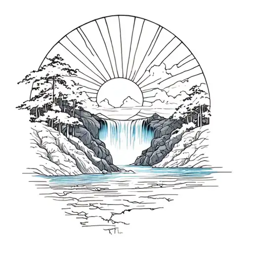 Rising Sun And A Waterfall
