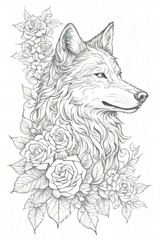 Wolf Blended By Roses And Mayflowers