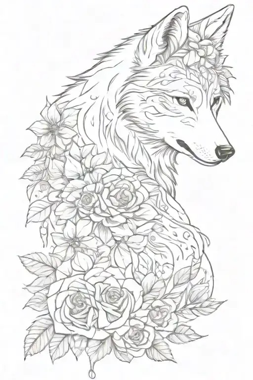 Feminine Wolf Blended By Roses And Mayflowers
