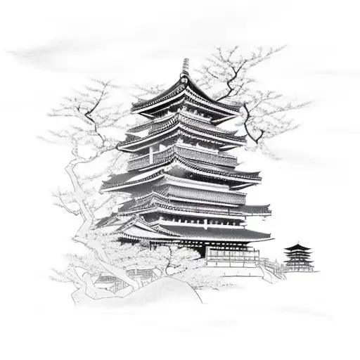 Samurai With Japanese Temple And Cherry Blossom