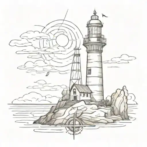 A Sketch-style Design Of A Lighthouse On Rocky Cliffs With A Compass Rose And Anchor