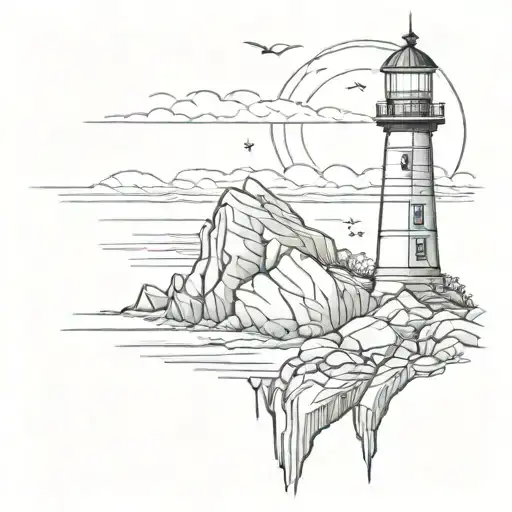 A Sketch-style Design Of A Lighthouse On Rocky Cliffs With A Compass Rose And Anchor
