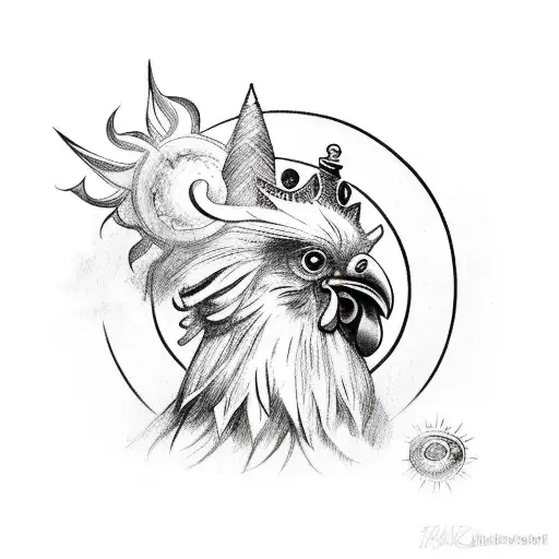 Rooster Wearing A Crown On Its Head With A Sun In The Background