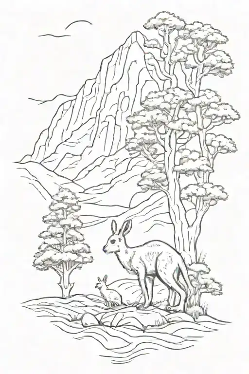 Mountain And Trees Line Art With Kangaroo