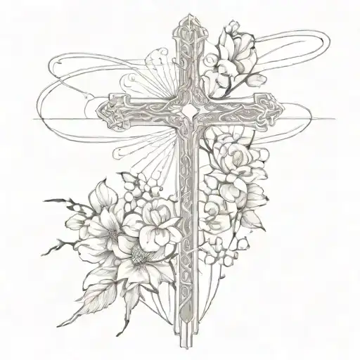 Dainty Cross With Power Lines Connecting On Top Of Cross With Flowers Growing Up The Cross