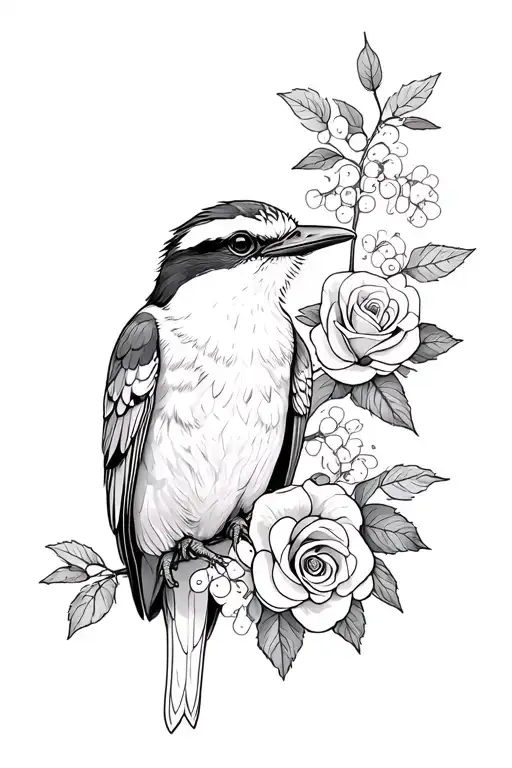 Kookaburra With Roses And Wattle Flowers Forming