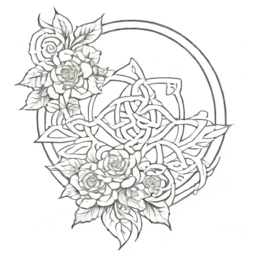 Celtic Triqueta Knot With Dara Knot In It And Flowers Surround It Fine Line