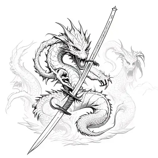 Tattoo With A Dragon And Katana Among Demons