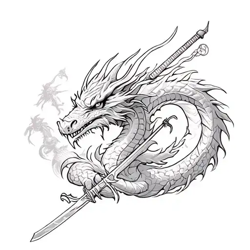 Tattoo With A Dragon And Katana Among Demons