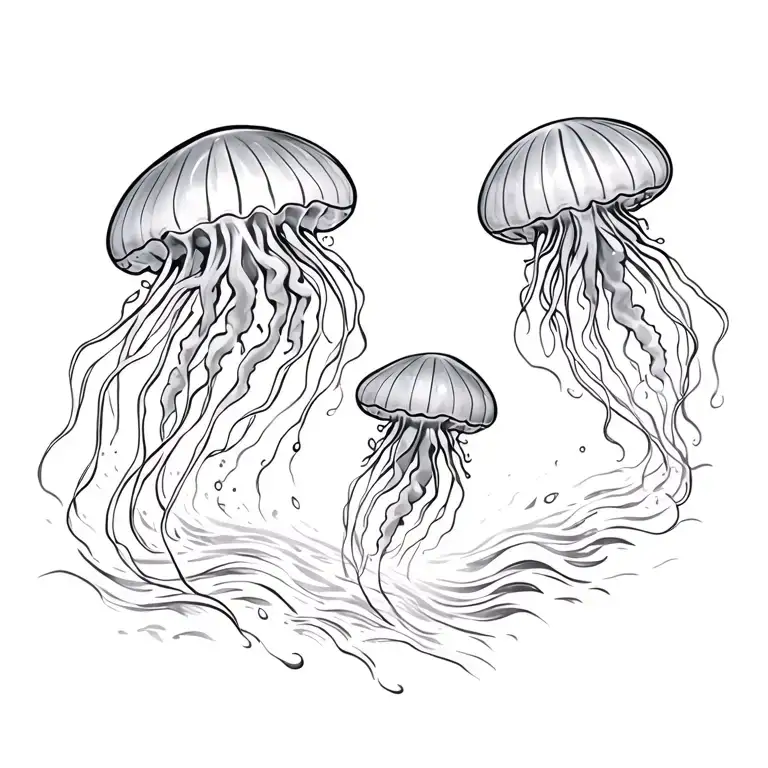 Three Small Jellyfish Swimming Alongside Waves Crashing
