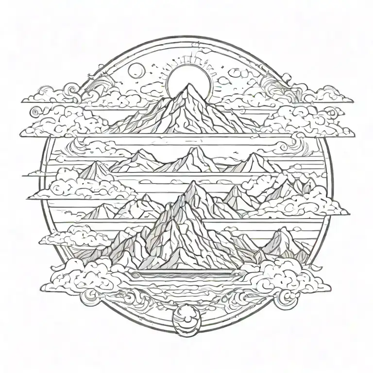 Large Mountain With Sun Clouds And Birds Surrounded By Receding Water