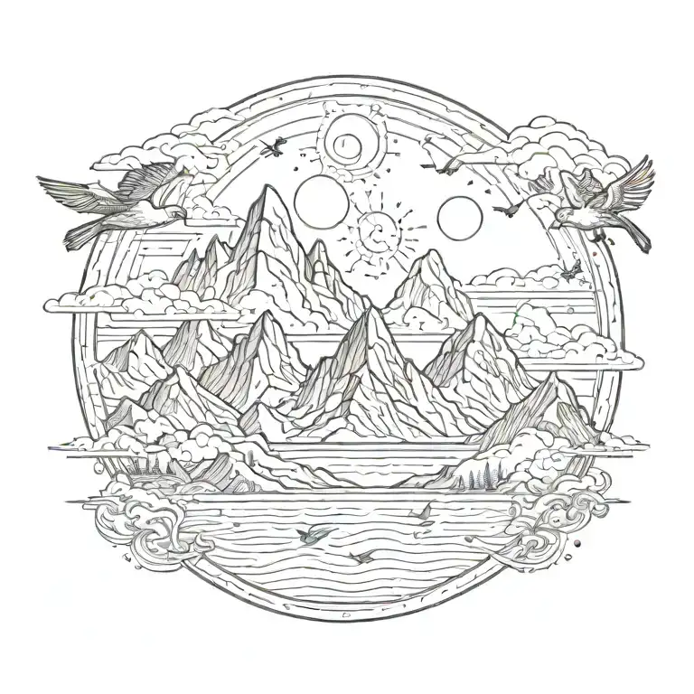 Large Mountain With Sun Clouds And Birds Surrounded By Receding Torrents Of Water