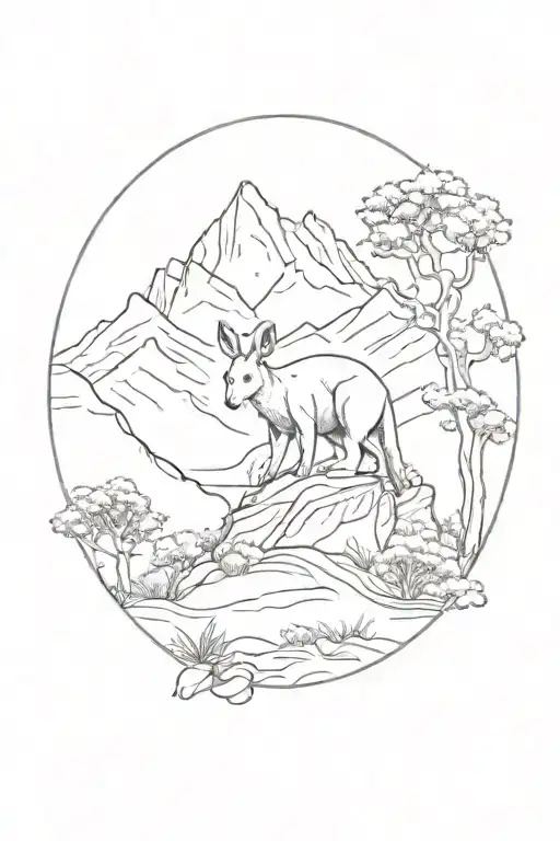 Mountain And Trees Line Art With Small Kangaroo