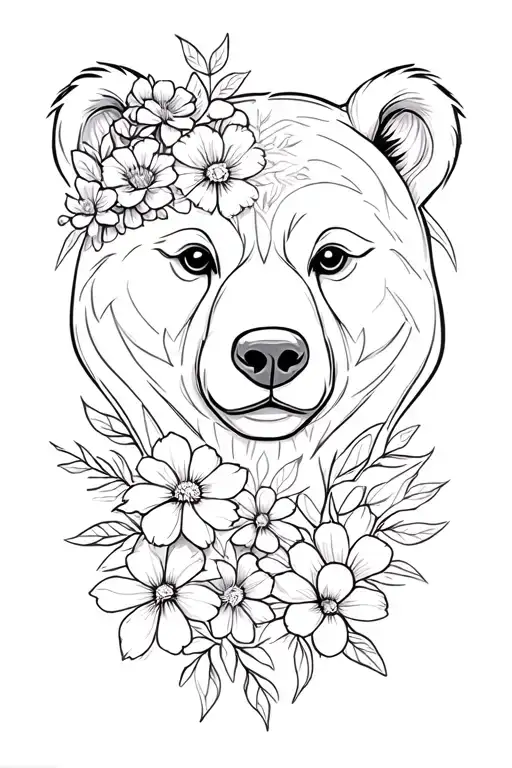 Bear Face Outline With Flowers And Cubs Face Only