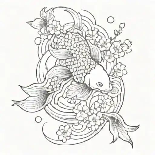 A Koi Fish Surrounded By Intricate Japanese Waves And Cherry Blossoms