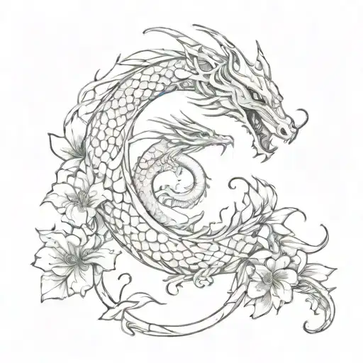 Long Dragon And Flowers Intertwined