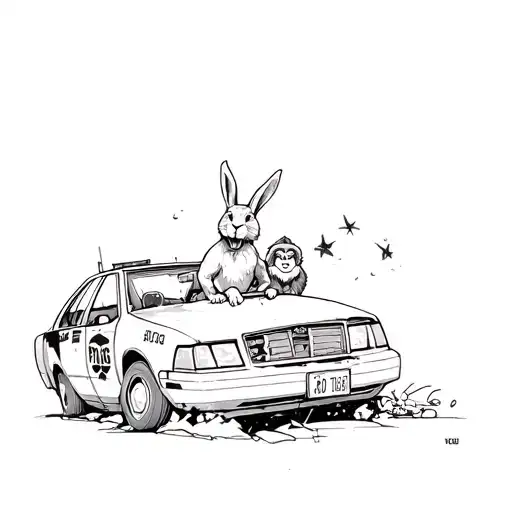 A Sketch Style Tattoo Of A Rabbit Driving A Crashed Police Car With A Monkey As A Passenger