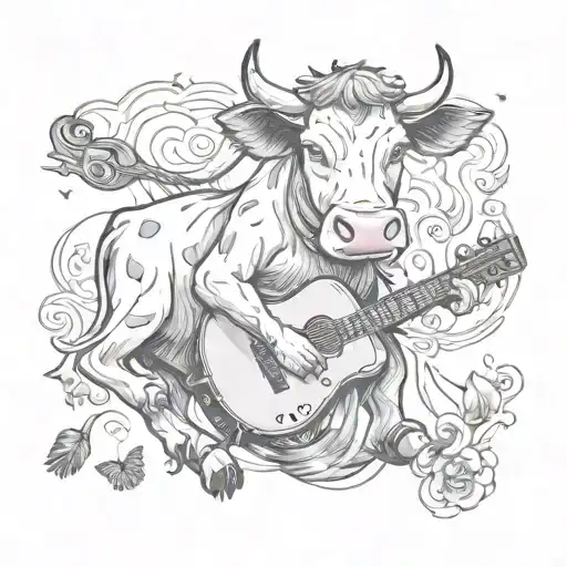 A Detailed Tattoo Of A Cow Playing A Guitar With A Fly Buzzing Around It