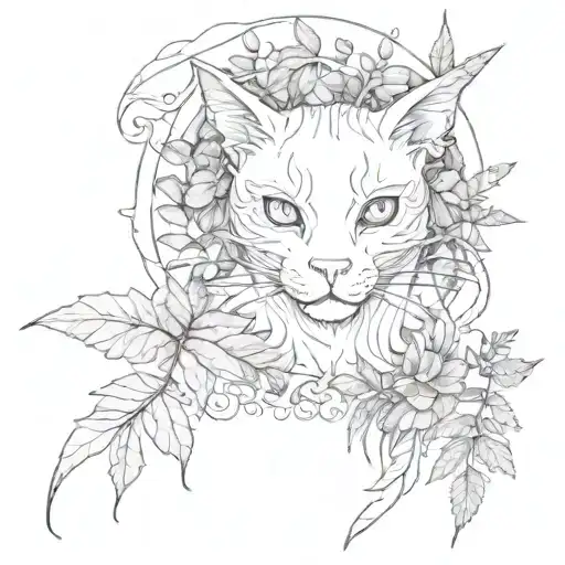 Gothic Cat And Dragon With Leafs And Ferns