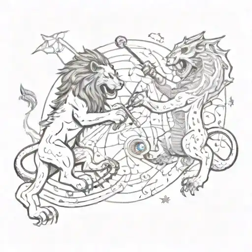 A Lion And Dragon Fighting In A Geography-themed Arena With Musical Instruments Scattered Around