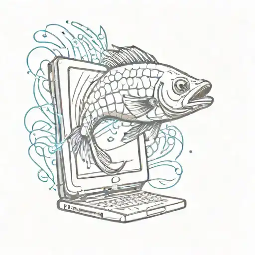 A Sketch-style Tattoo Of A Fish Jumping Out Of A Computer Screen