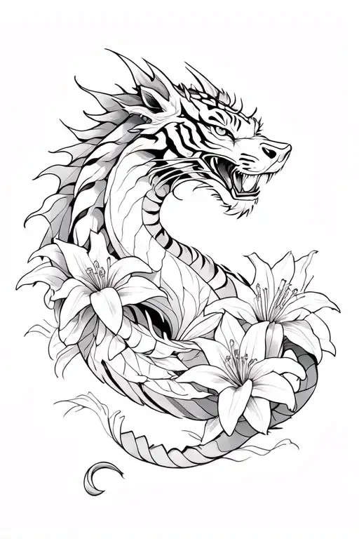 A Dragon And Lilies Intertwined With Tiger On The Inner Forearm