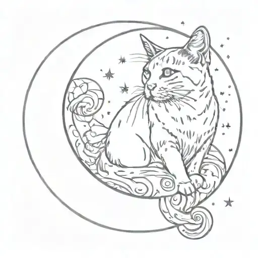 Tattoo Of A Cat Sitting On The Moon Looking Up At The Sky With The Taurus Constellation Symbol
