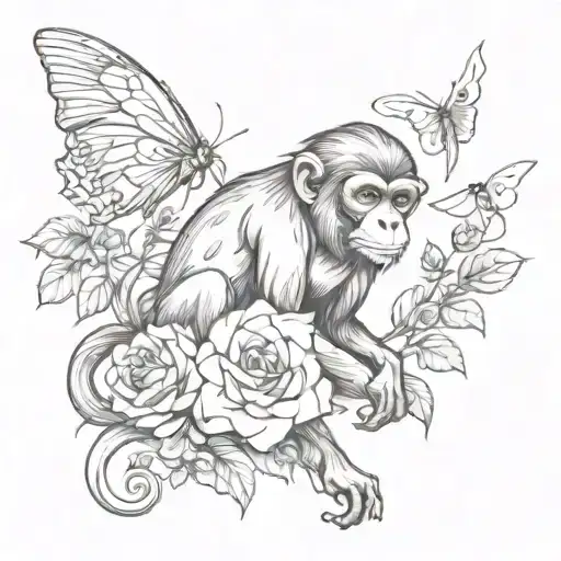 Full-bodied Monkey With An Elongated With Roses And Butterflies