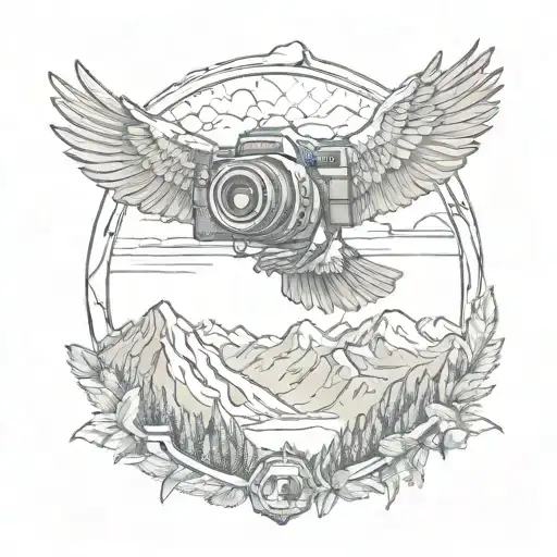 Camera Surrounded By Mountain Landscape Featuring A Soaring Eagle