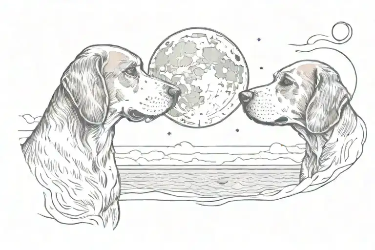 Beagle Dog And Human Looking At Each Other With A Moon In The Background And Sea