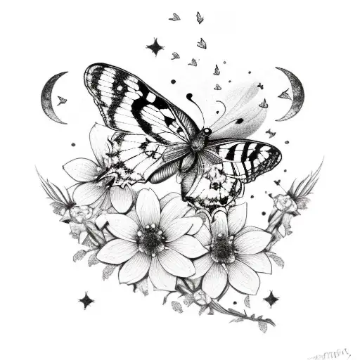 Butterfly With Flowers And Stars And Moon