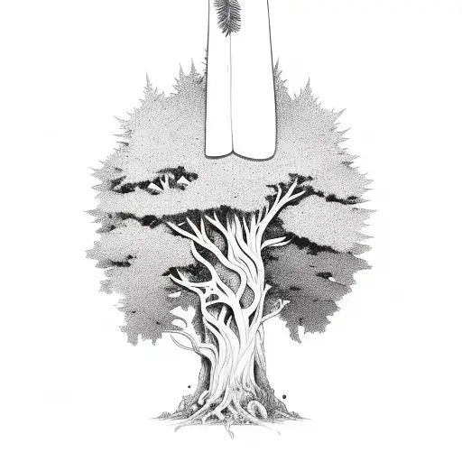 Lebanese Cedar Tree Wraps Her Roots Around An Eye And A Sword In The End In A Vertical Shape