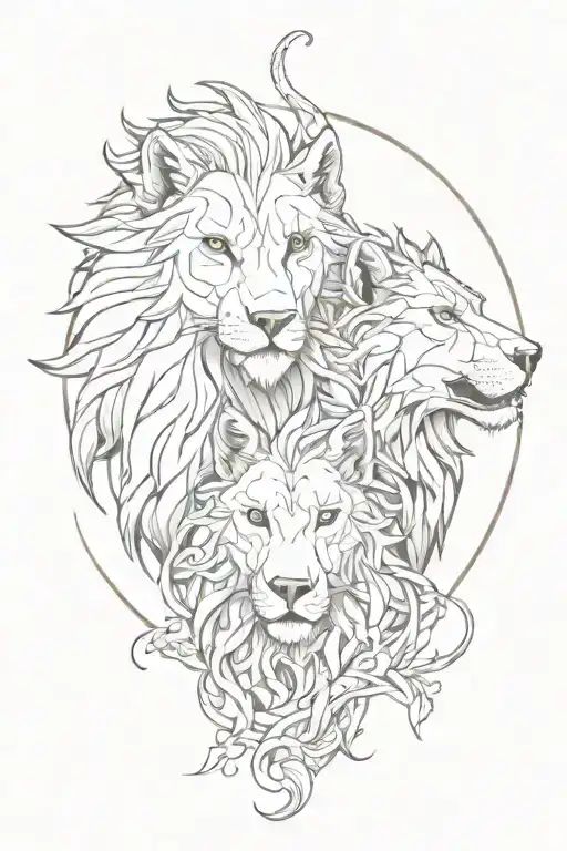 Wolf And Lion With A Sun Behind Them